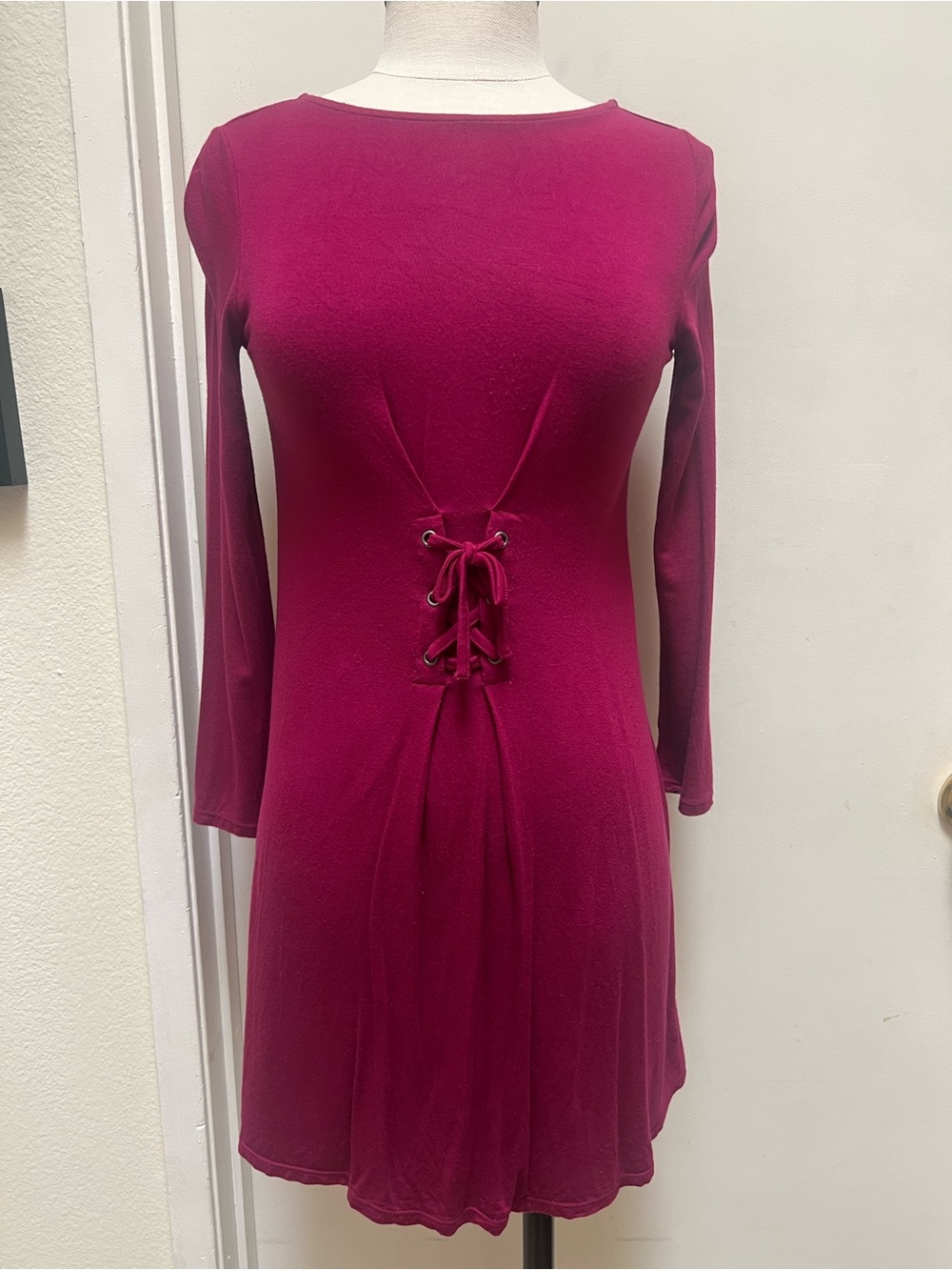 art class Fuchsia Lace-Up Waist Long Sleeve Dress